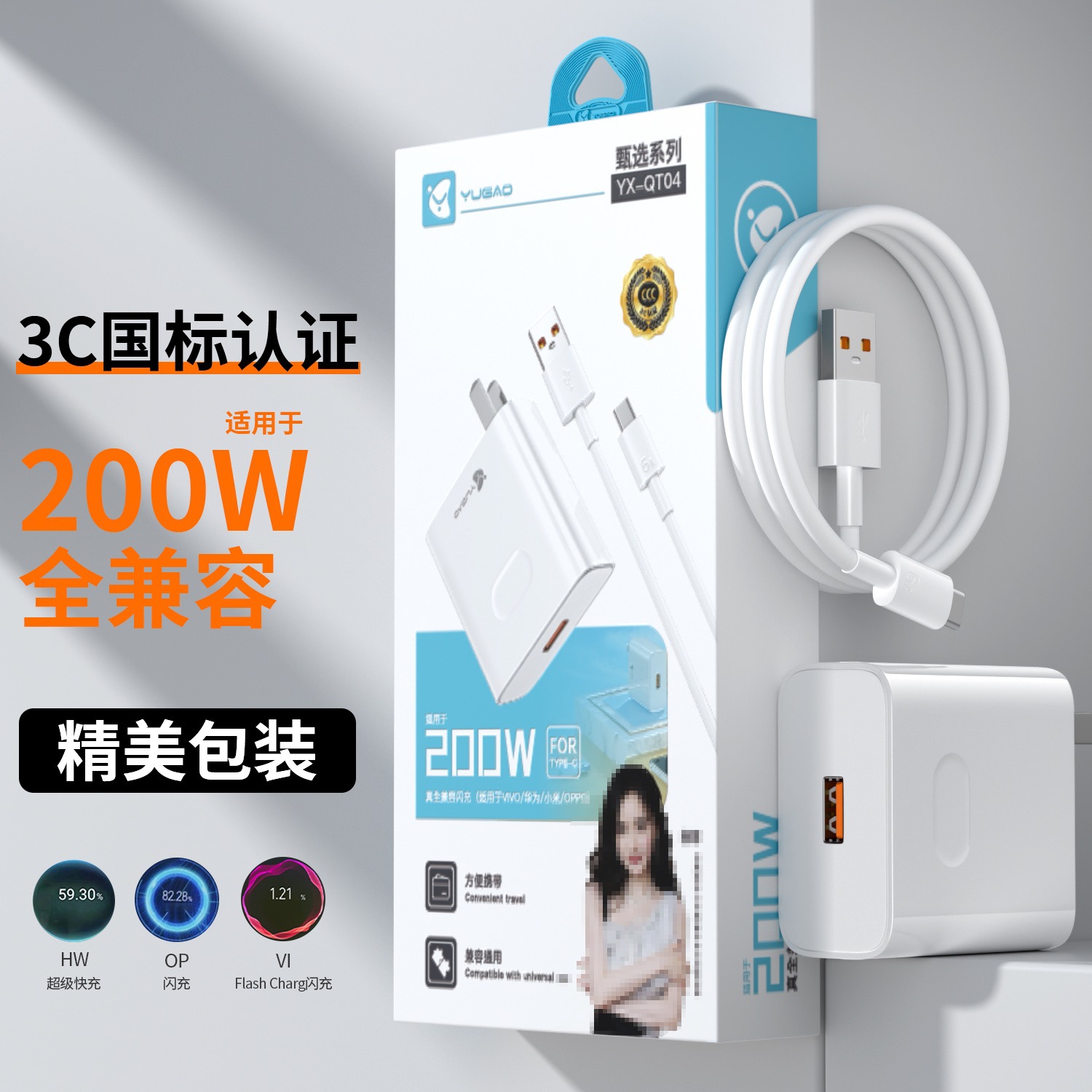 Yugao 3C certified charger, compatible with 200W fast charging ten-in-one fully compatible, exquisite packaging