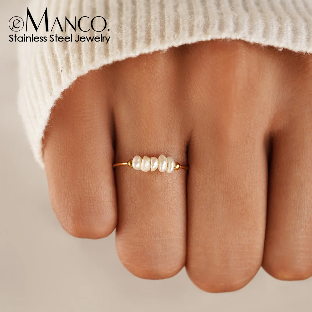 eManco Simple Natural Baroque Pearl Ring Minimalist Ring for Women Titanium Steel Jewelry