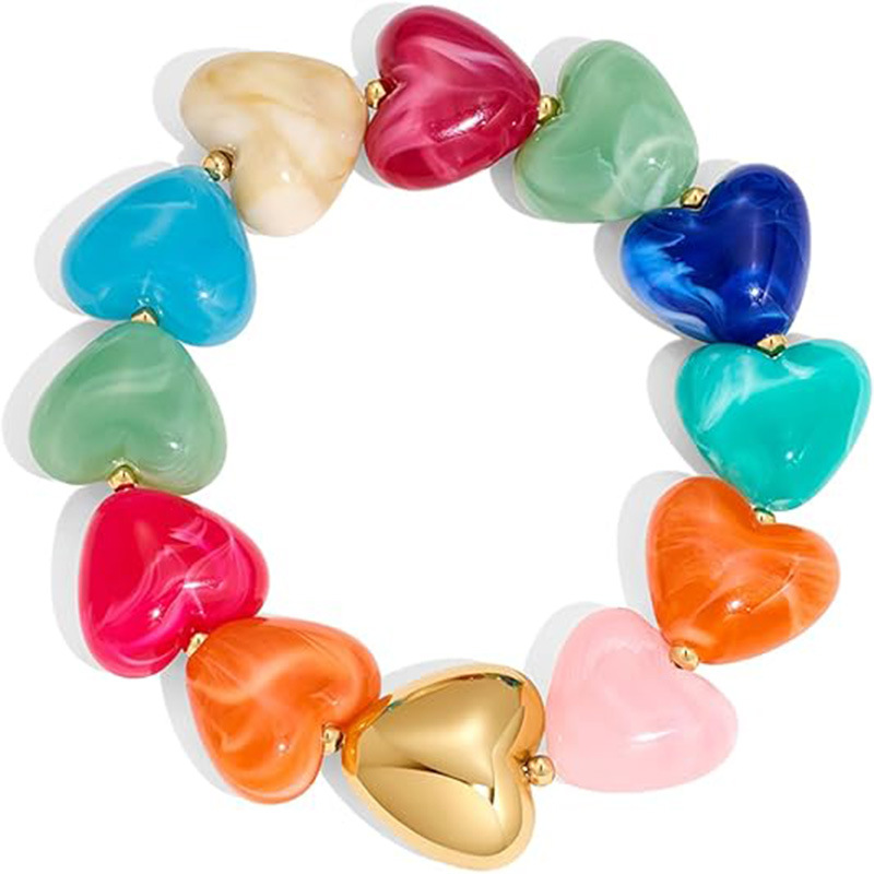 Multicolor Love Heart Acrylic Resin Beaded Bracelet Bohemian Style Women's Bracelet