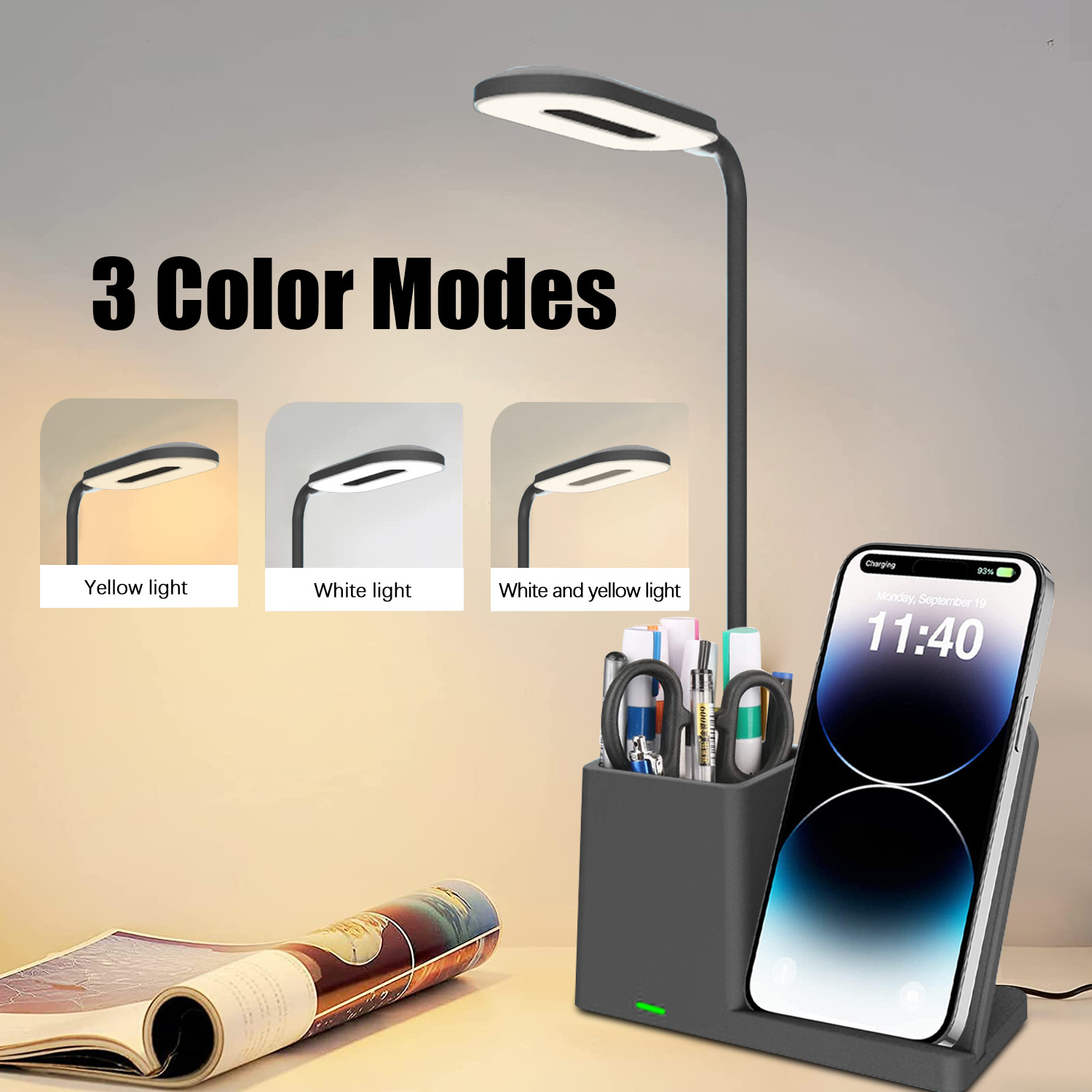 2024 new wireless charger lamp with pen holder wireless charger 3-in-1 wireless charger 15W fast charging