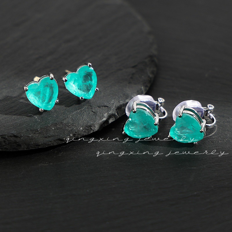 Heart Paraiba Patchwork Gemstone Ear Clip Design Simple S925 Needle Emerald Green Ear Studs No Piercing Ear Jewelry