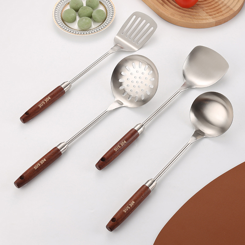 304 stainless steel spatula kitchenware set, wooden handle wok spatula, soup spoon, slotted spoon, kitchen tools