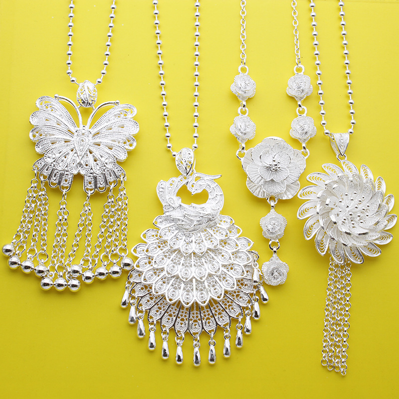 Ethnic style Miao silver sweater chain women butterfly peacock flower long necklace set exhibition imitation silver jewelry