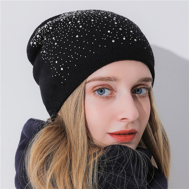 New autumn and winter rhinestone starry sky women's pullover hat cashmere rabbit hair blend knitted hat warm winter hat hot