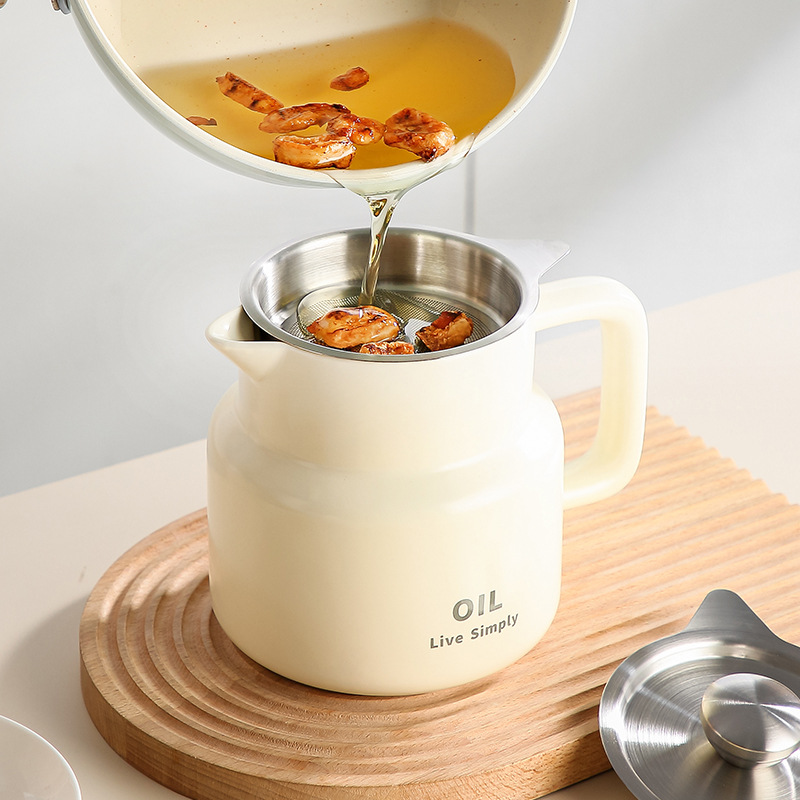 Ceramic Oil Filter Pot, Kitchen Leftover Oil Filter, Large Capacity Oil Storage Pot with Filter, Household Handle Lard Pot with Lid
