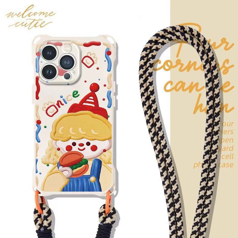 Hamburger girl compatible Apple 15 Pro Max diagonal phone case iPhone 14 anti-drop 13 wrist strap 12/11 soft x