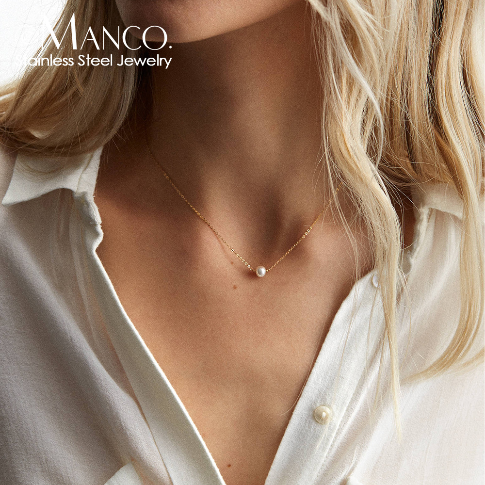 eManco New Accessories Simple Pearl Pendant Women Stainless Steel Gold Plated Necklace Collarbone Chain