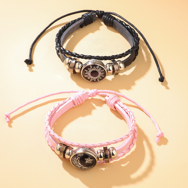Sun and Moon Lovers Time Leather Bracelet Punk Multi-layer Beaded Woven Bracelet Couple Gift