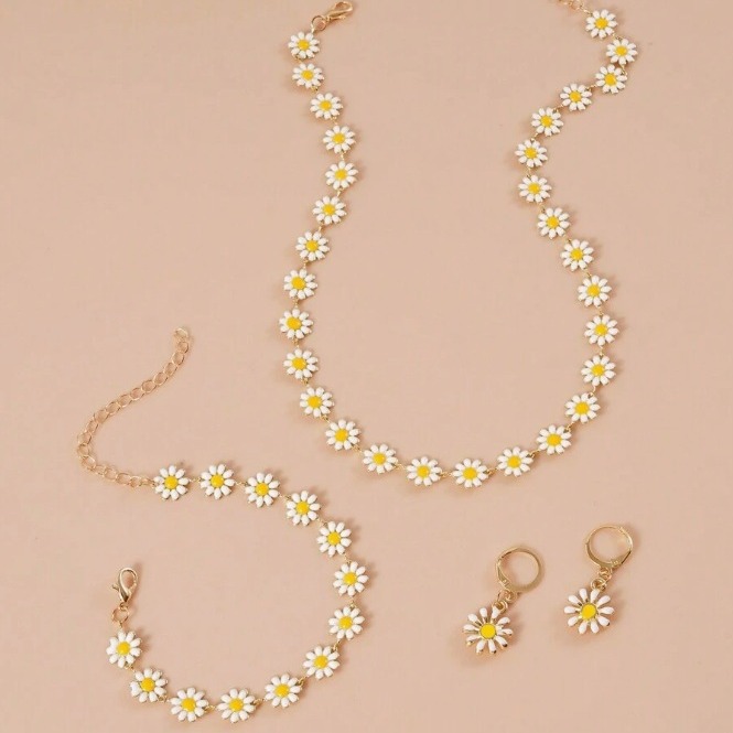 Jewelry Daisy Small Flower Necklace Earrings Bracelet Set Simple Collar Chain