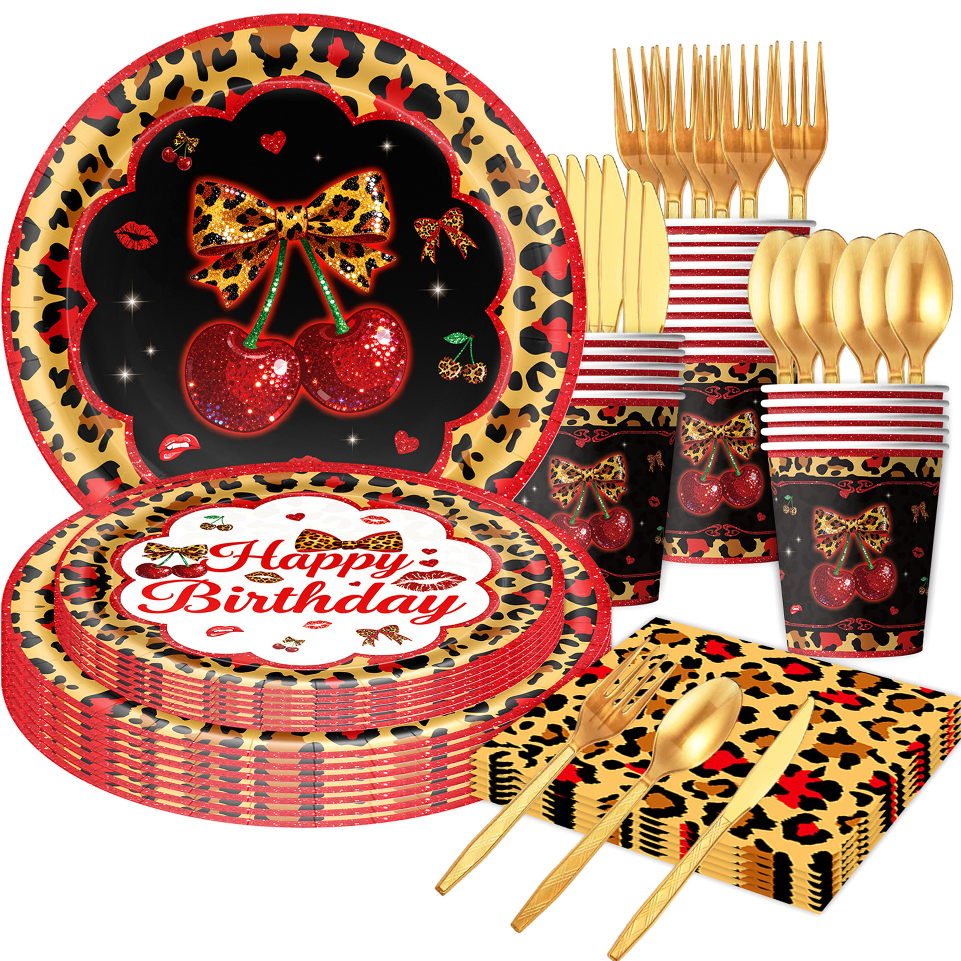 Bow Leopard Print Theme Party Tableware Disposable Paper Plate Paper Cup Tablecloth Bunting Flag Cake Decoration