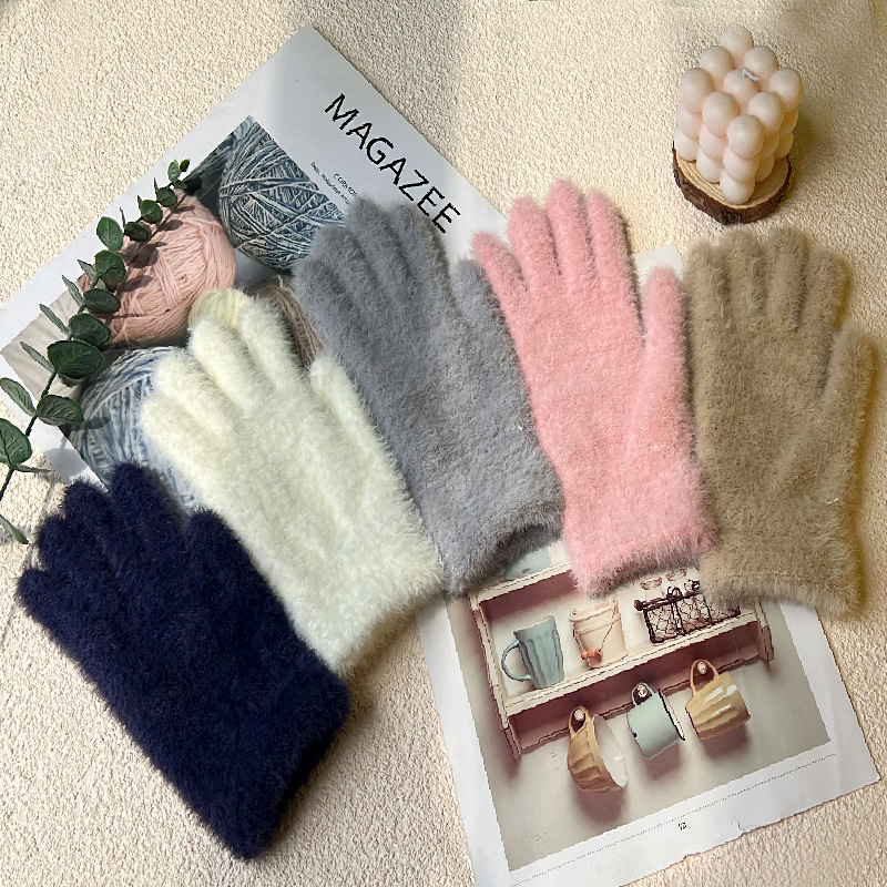 Women's Winter Warm Knitted Gloves for Students, Cycling, Fingerless, Solid Color, Imitation Rabbit Fur, Touchscreen