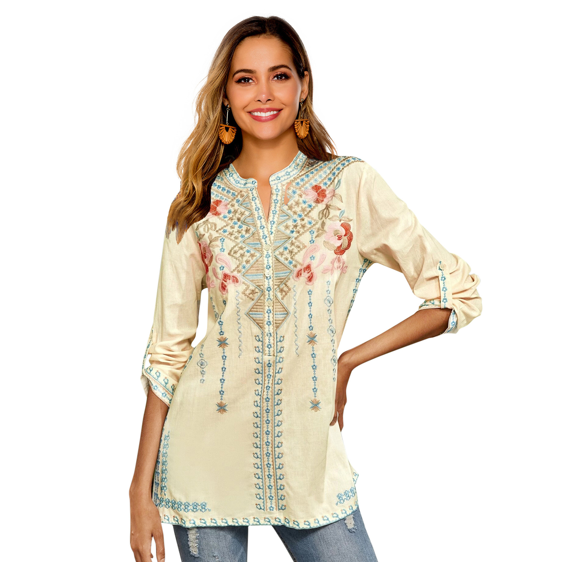 2023 women's long sleeve shirt embroidered overseas mid-length stand collar shirt