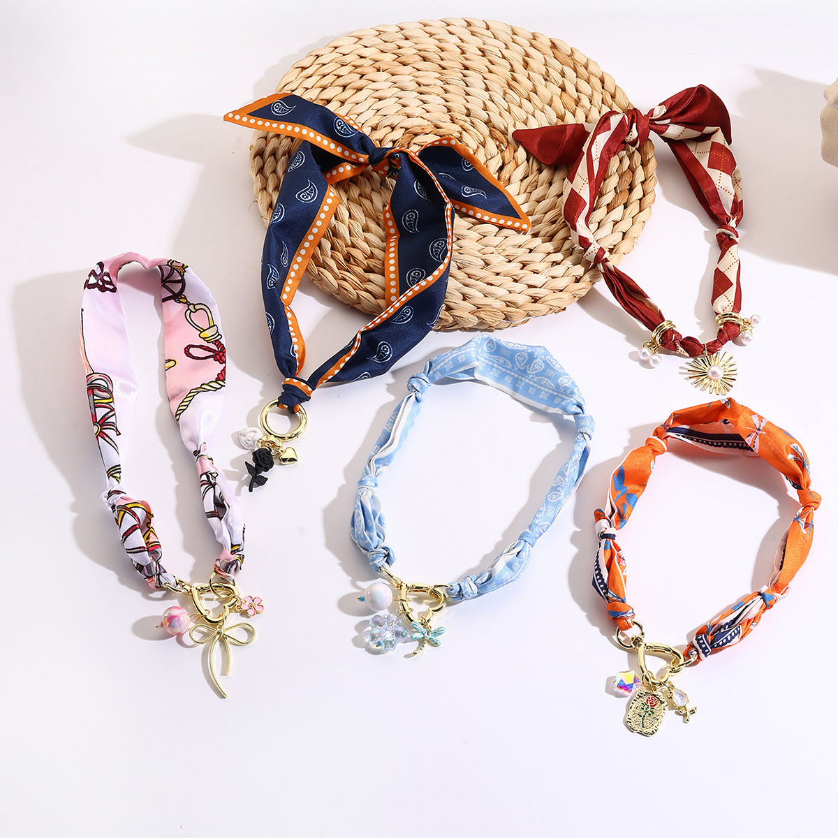 Jewelry long fabric necklace multi-pendant pearl colorful silk scarf necklace