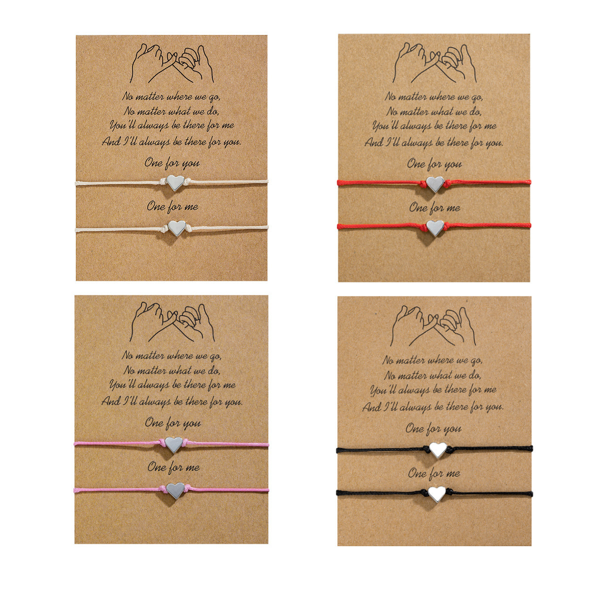 Simple style alloy double heart waterproof wax thread woven adjustable blessing card bracelet 2-piece set