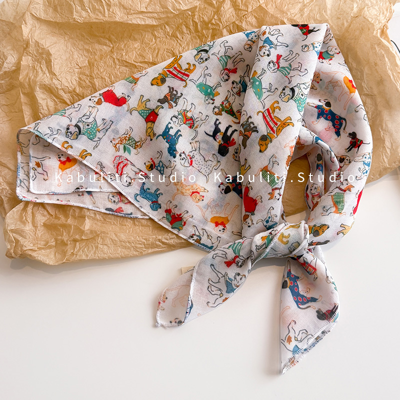 Spring/summer/autumn cotton linen square scarf cartoon dog head scarf multifunctional outdoor neck protection sun protection scarf