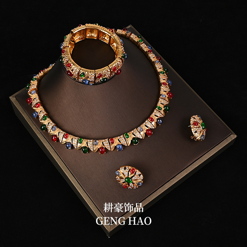 Vintage copper inlaid rhinestone necklace earring bracelet elegant cheongsam