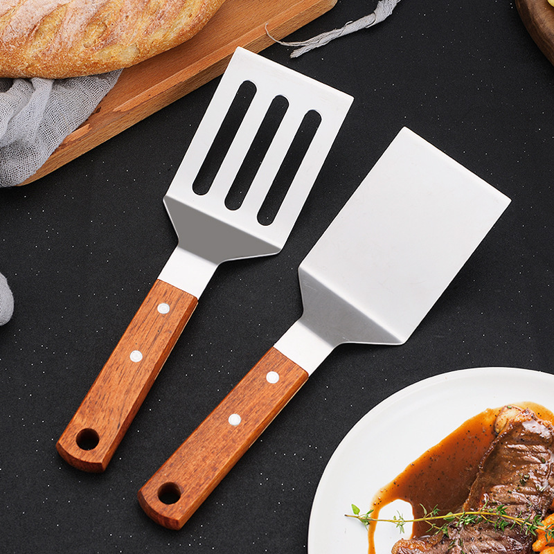 Wooden handle stainless steel frying spatula, home kitchen tool, steak spatula, hand-grabbed cake spatula, pancake spatula, teppanyaki cooking spatula