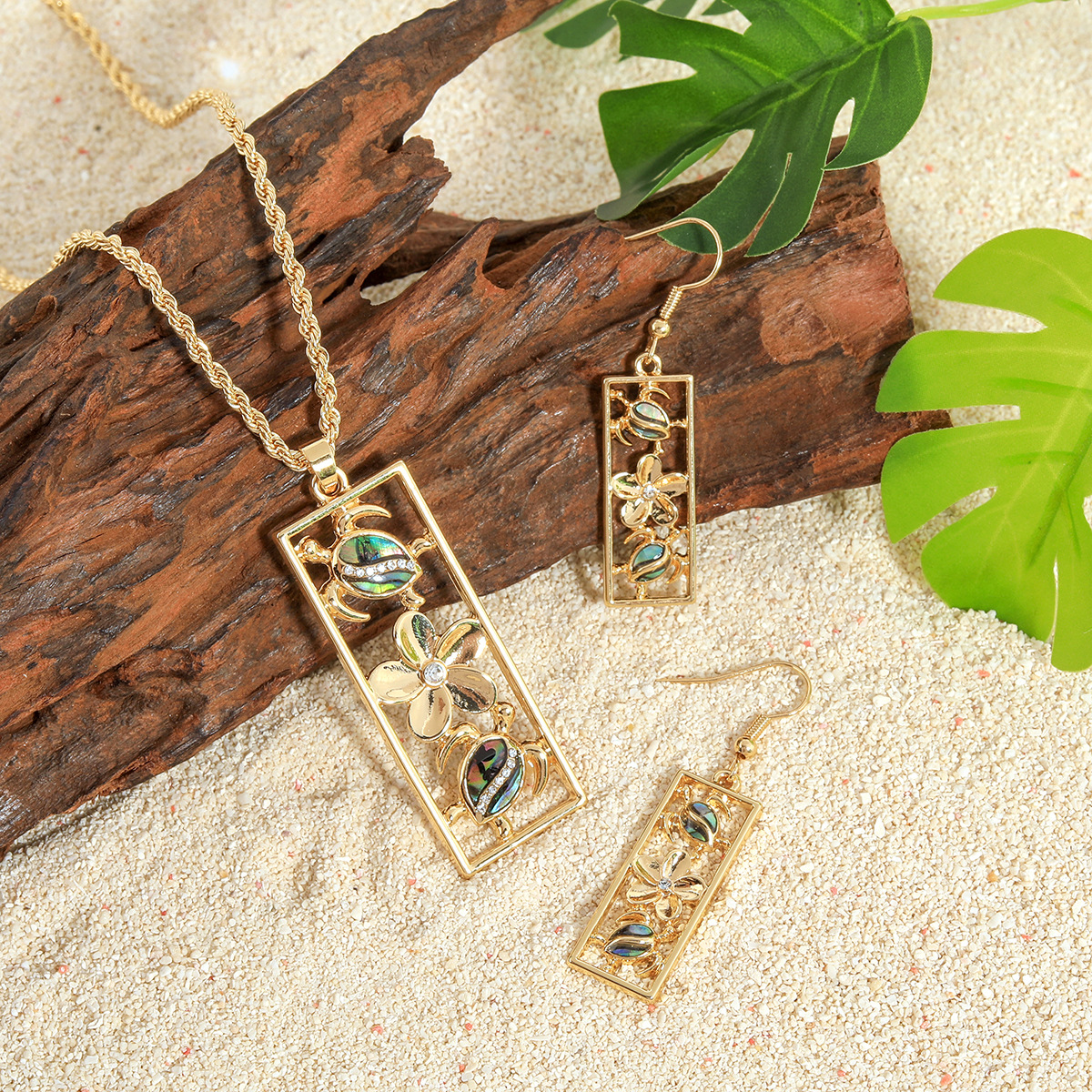 Hawaiian Beach Vacation Style Natural Abalone Shell Applique Long Strip Jewelry Set Turtle Frangipani Necklace Set
