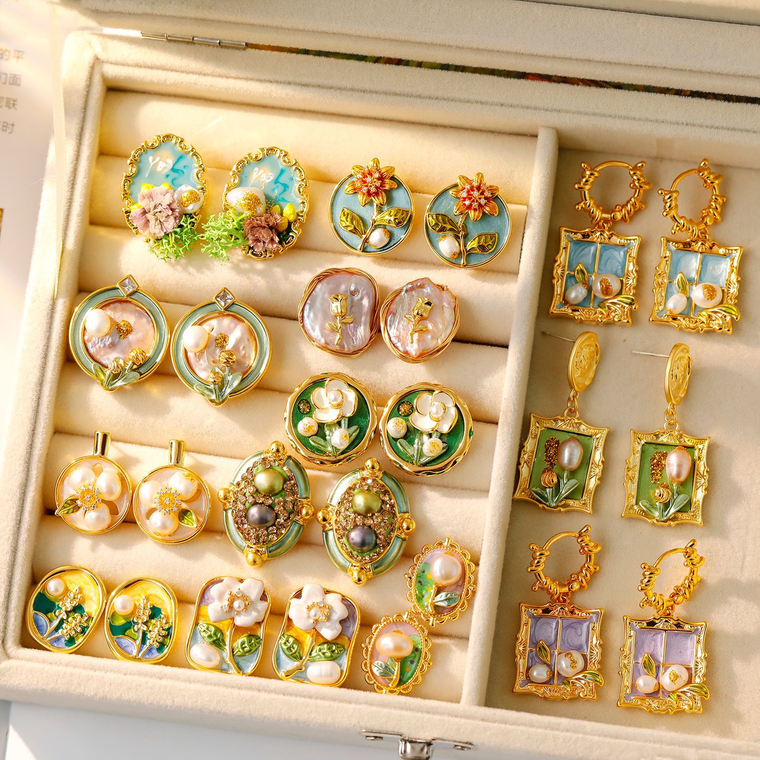 Monet Garden Oil Painting Style Earrings Baroque Natural Pearl Earrings Women Handmade DIY Vintage Ear Studs