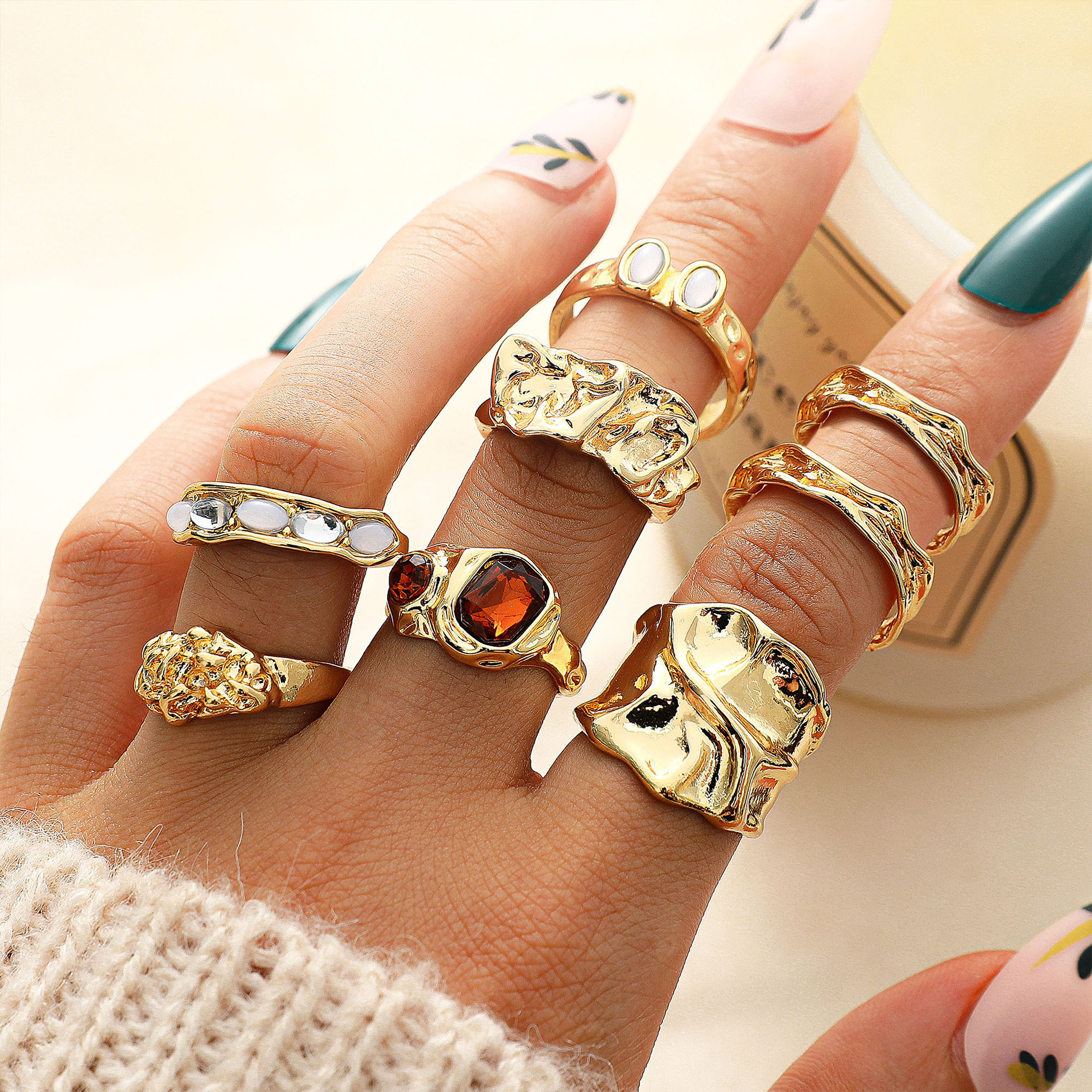 Geometric Alloy Ring Irregular Diamond Ring Set for Women