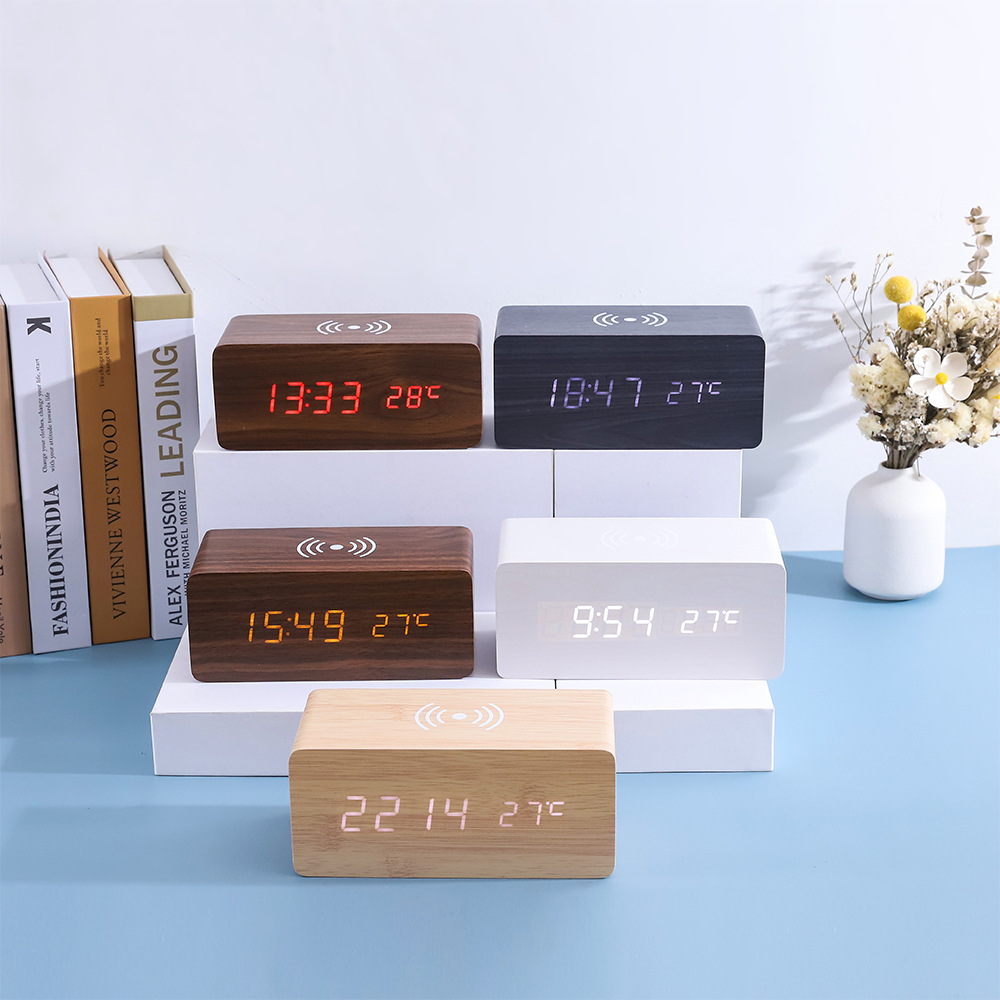 Smart LED wooden clock digital electronic alarm clock, charging clock bedside wireless charging digital wooden clock
