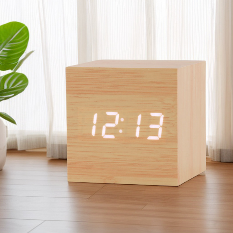 Mini small square wooden clock, LED electronic alarm clock, silent voice-activated multi-functional clock, gift logo decoration