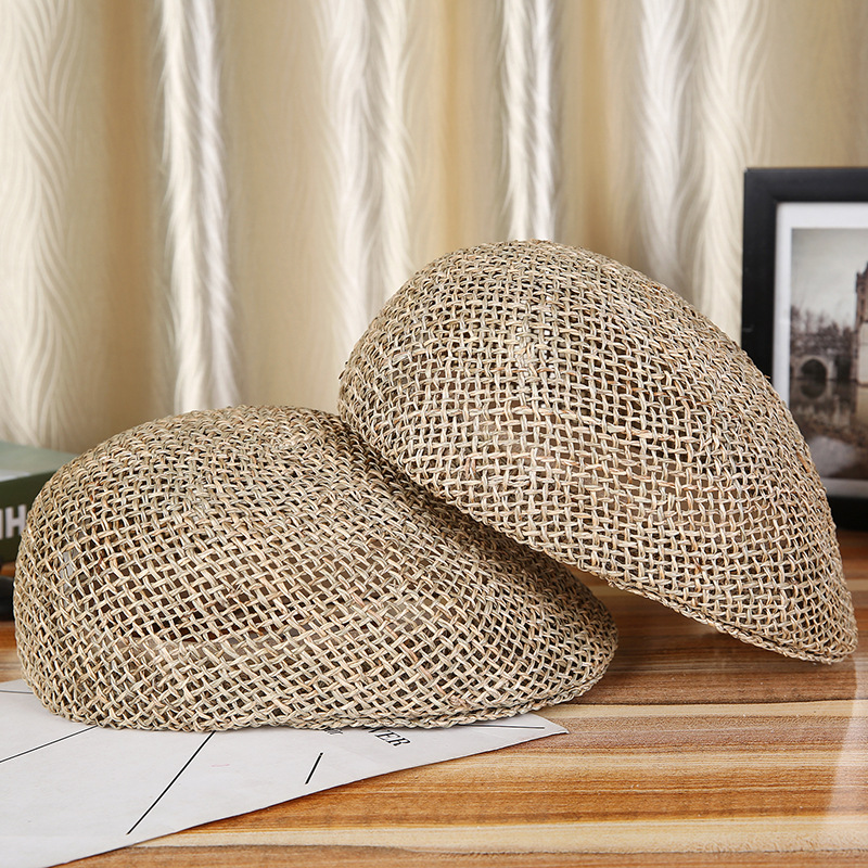 Middle-aged and elderly seaweed hollow forward cap, handmade straw sun hat, outdoor shaping bag hair help