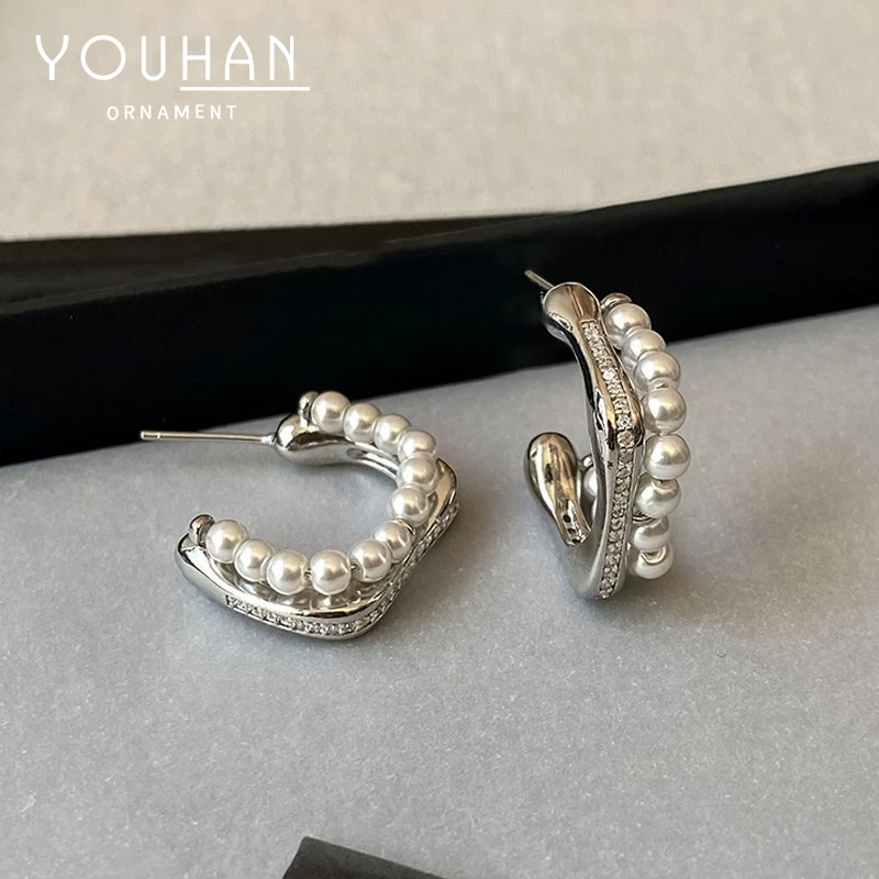Live small fragrance style C-shaped zircon pearl earrings ear accessories full of daily ear studs women