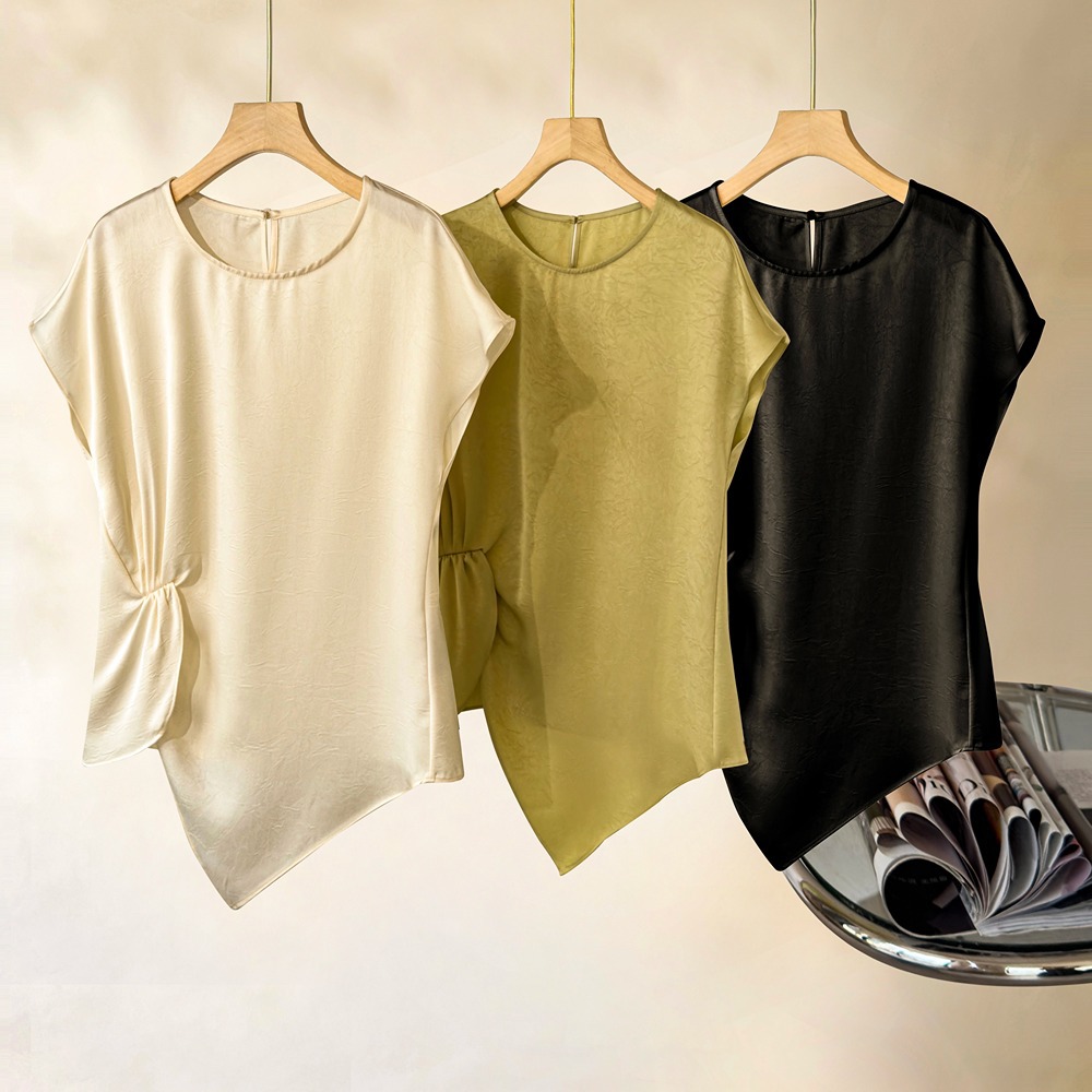 Pleated silk short-sleeve shirt top 2026 summer waist round neck irregular blouse