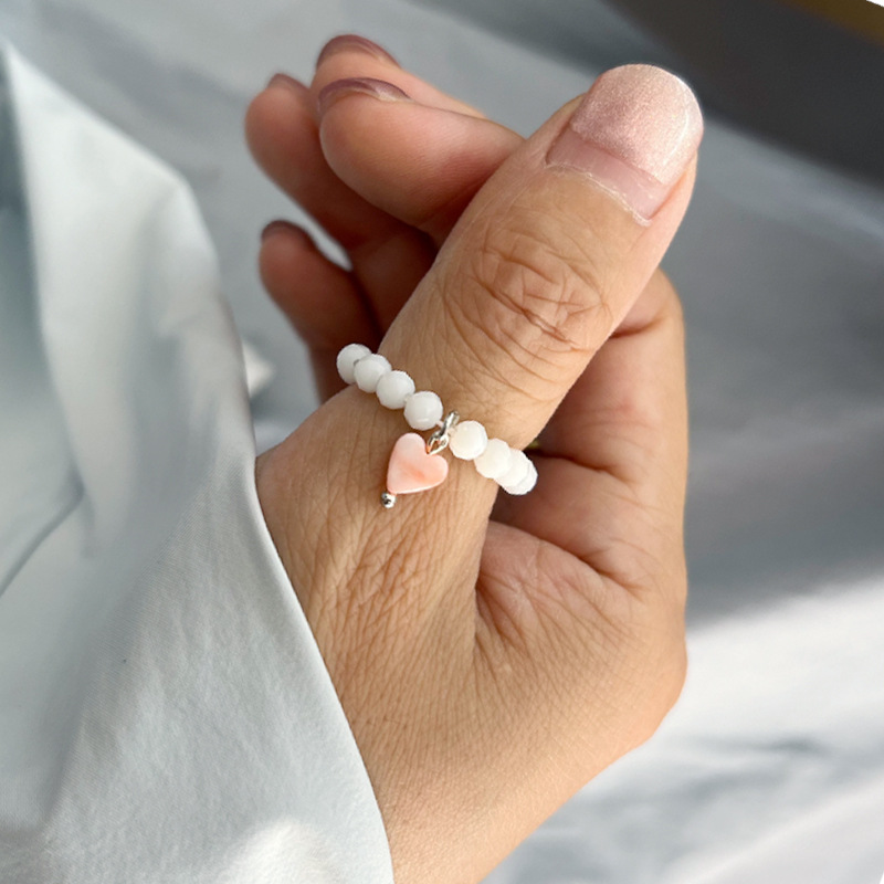 Rongshang Niche Love Heart Shell Ring Crystal Beaded Index Ring for Women Accessory