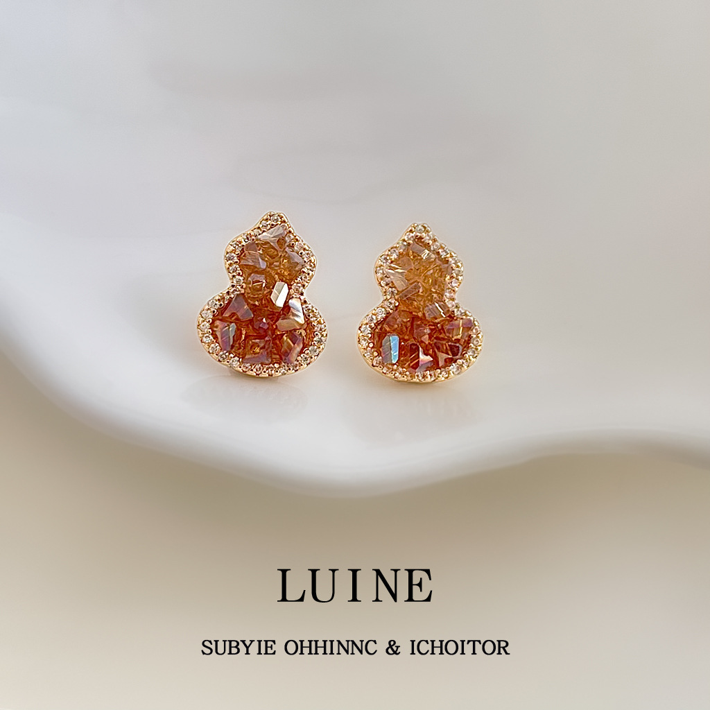 Close your eyes and buy! Easy to sell! Micro-set zircon silver-plated needle crystal gourd earrings orange gradient champagne earrings