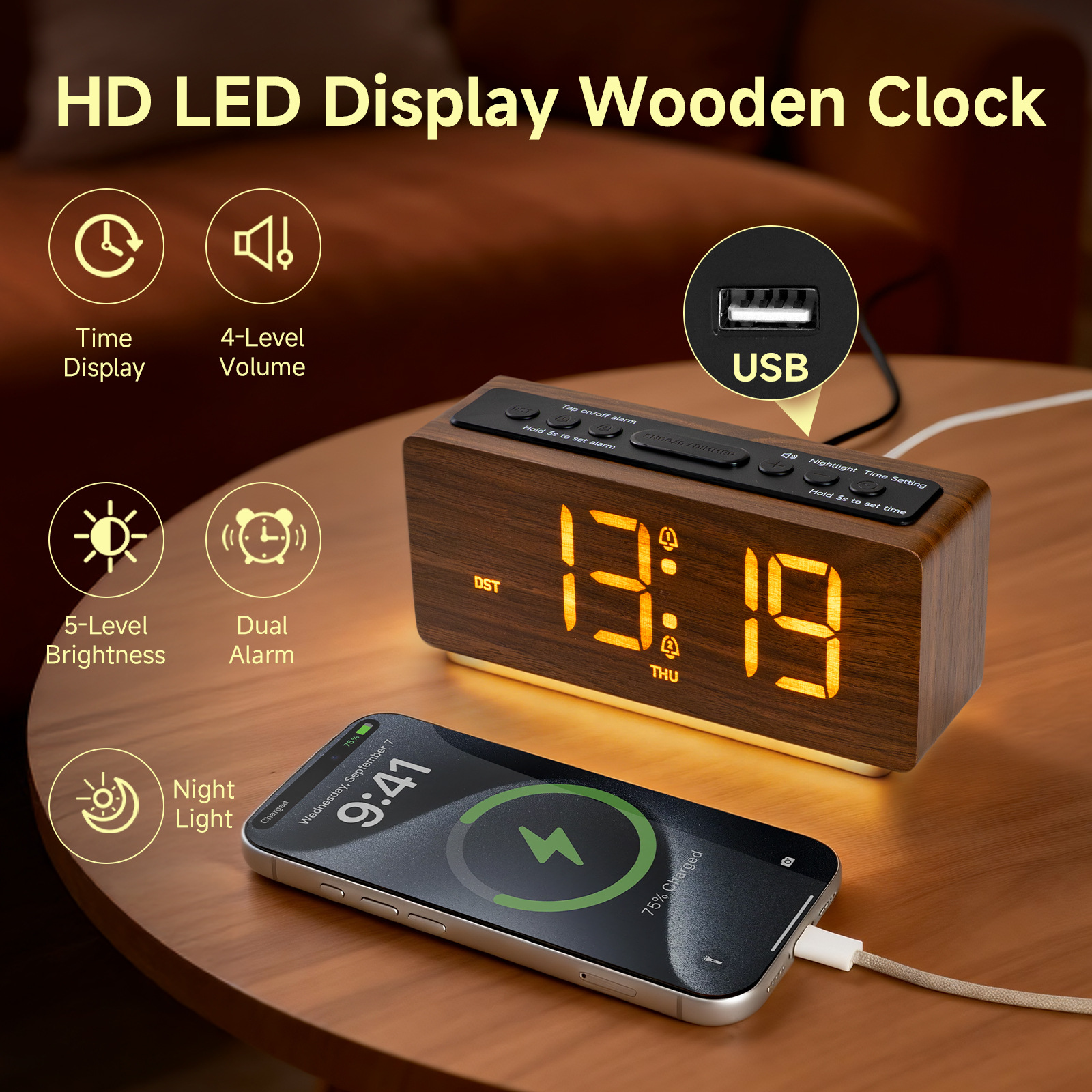 New Nordic Japanese-style wooden alarm clock, wood grain clock, luminous bedside study LED electronic clock