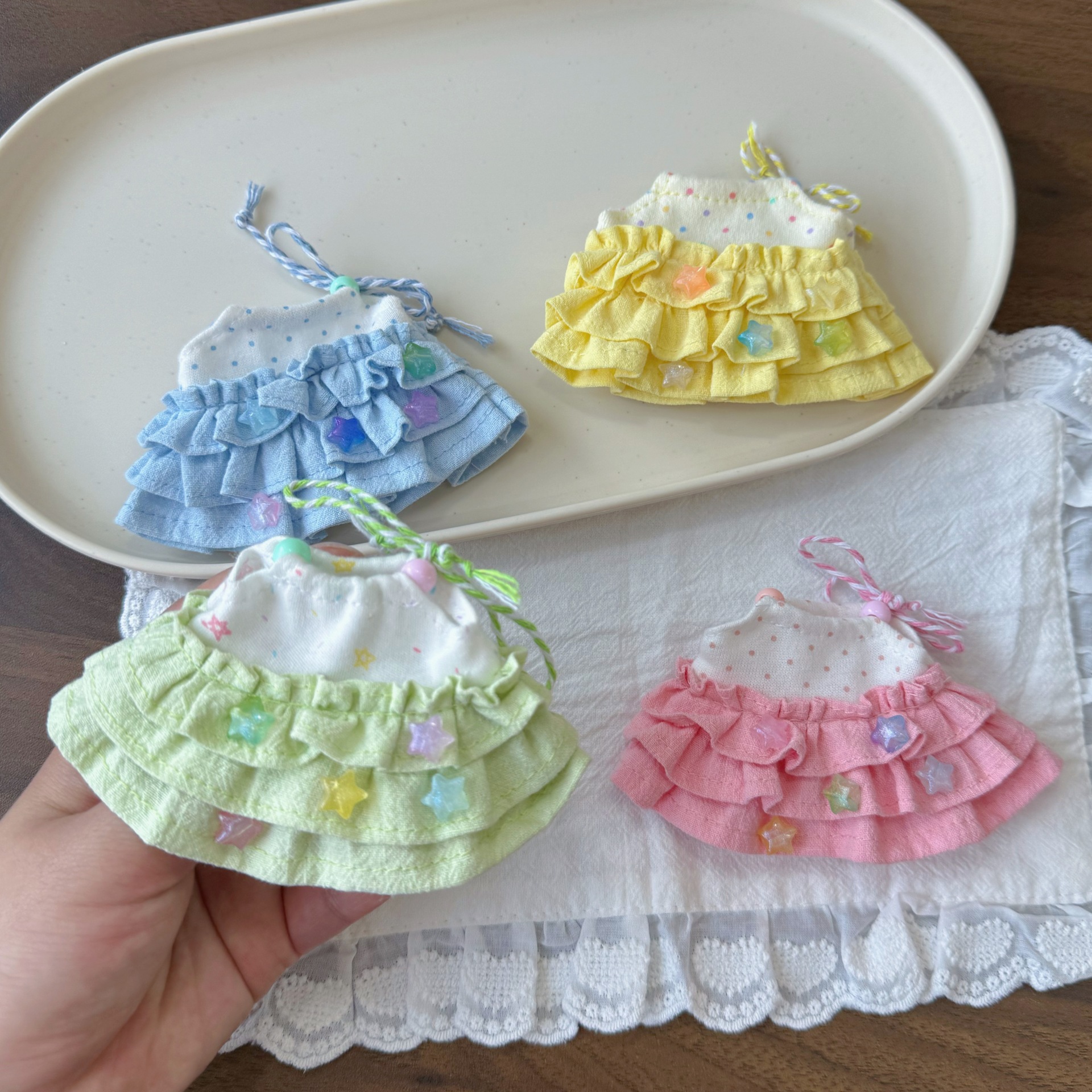Original 17cm Labubu doll clothes Nyota crying baby kitty summer autumn pleated cake skirt plush doll clothes