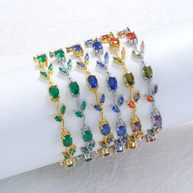 Copper Inlaid Colorful Diamond Branch and Petal Bracelet Leaf Tulip Layered Hand Jewelry