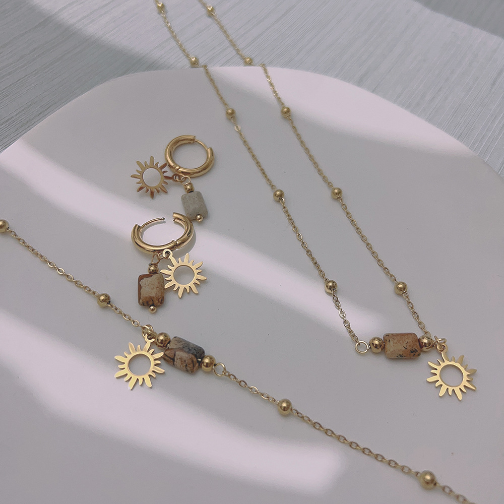 New Natural Picture Stone Jewelry Set: Titanium Steel Necklace with 18K Gold Plating