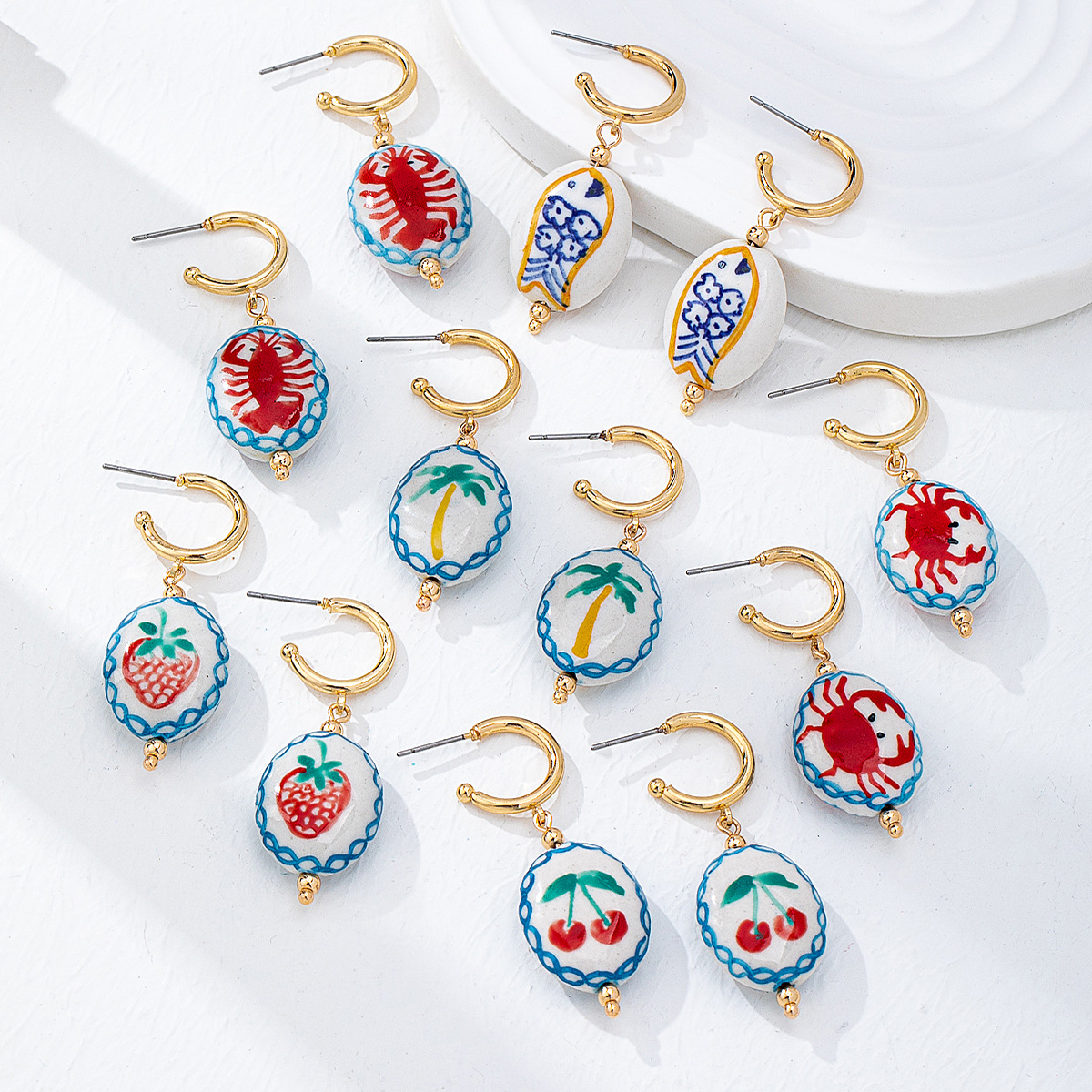 Qingdao Daiwei Accessories 1 Pair Summer Ceramic Printed Lobster Crab Fruit Pendant Women's Earrings