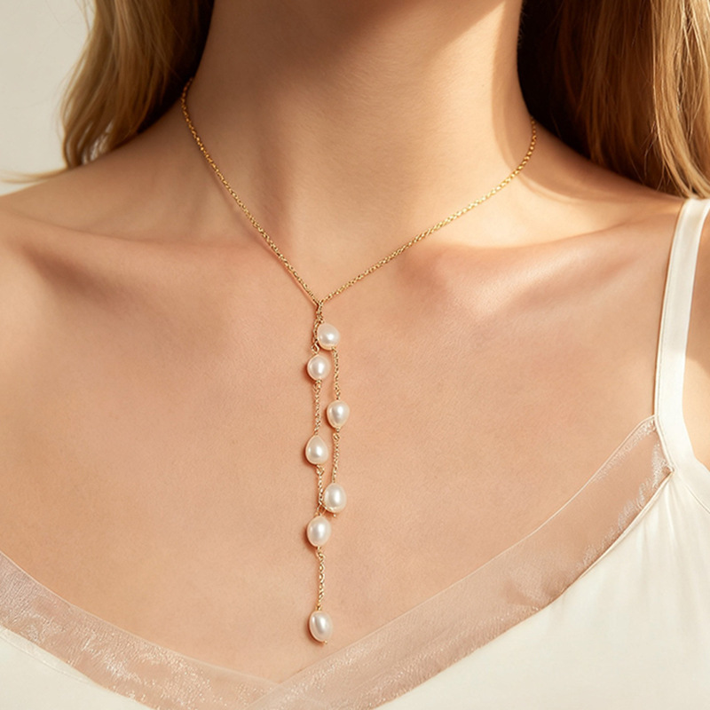 Rongshang Imitation Pearl Tassel Y-Shaped Chain Beaded Thin Chain Lasso Necklace Elegant Neck Ornament Accessory