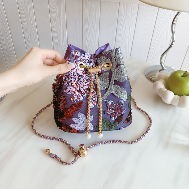 Women's Bag New Sequins Bucket Bag Contrast Color Mesh Embroidery Splicing Single Shoulder Chain Crossbody Bag