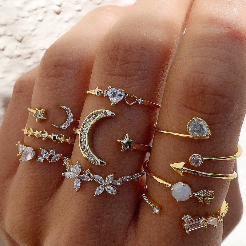 New Ring Set 9-Piece Love Butterfly Star Moon Diamond Combination Ring Set for Women