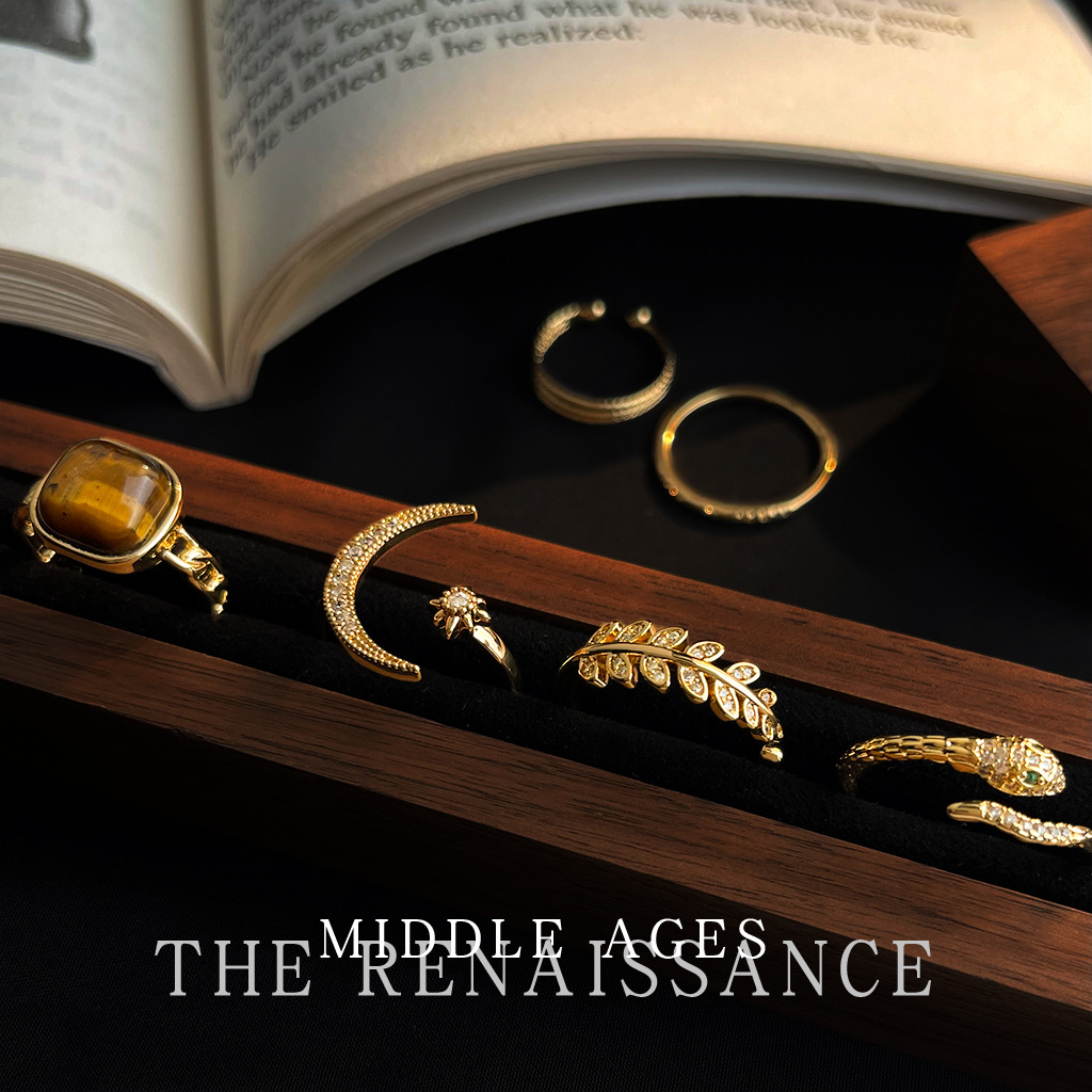 Vintage Retro Star Moon Zircon Ring Geometric Tiger Eye Index Ring Niche Open Ring for Women