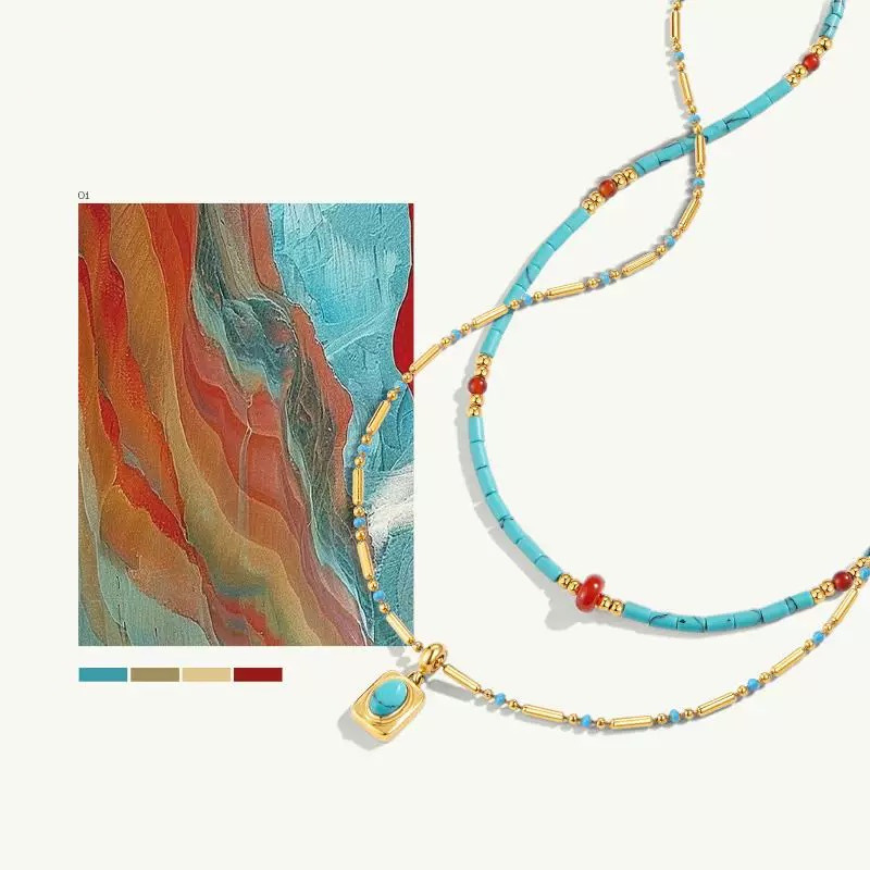 Red agate turquoise bead titanium steel necklace niche accessories women's accessories neck chain collarbone chain