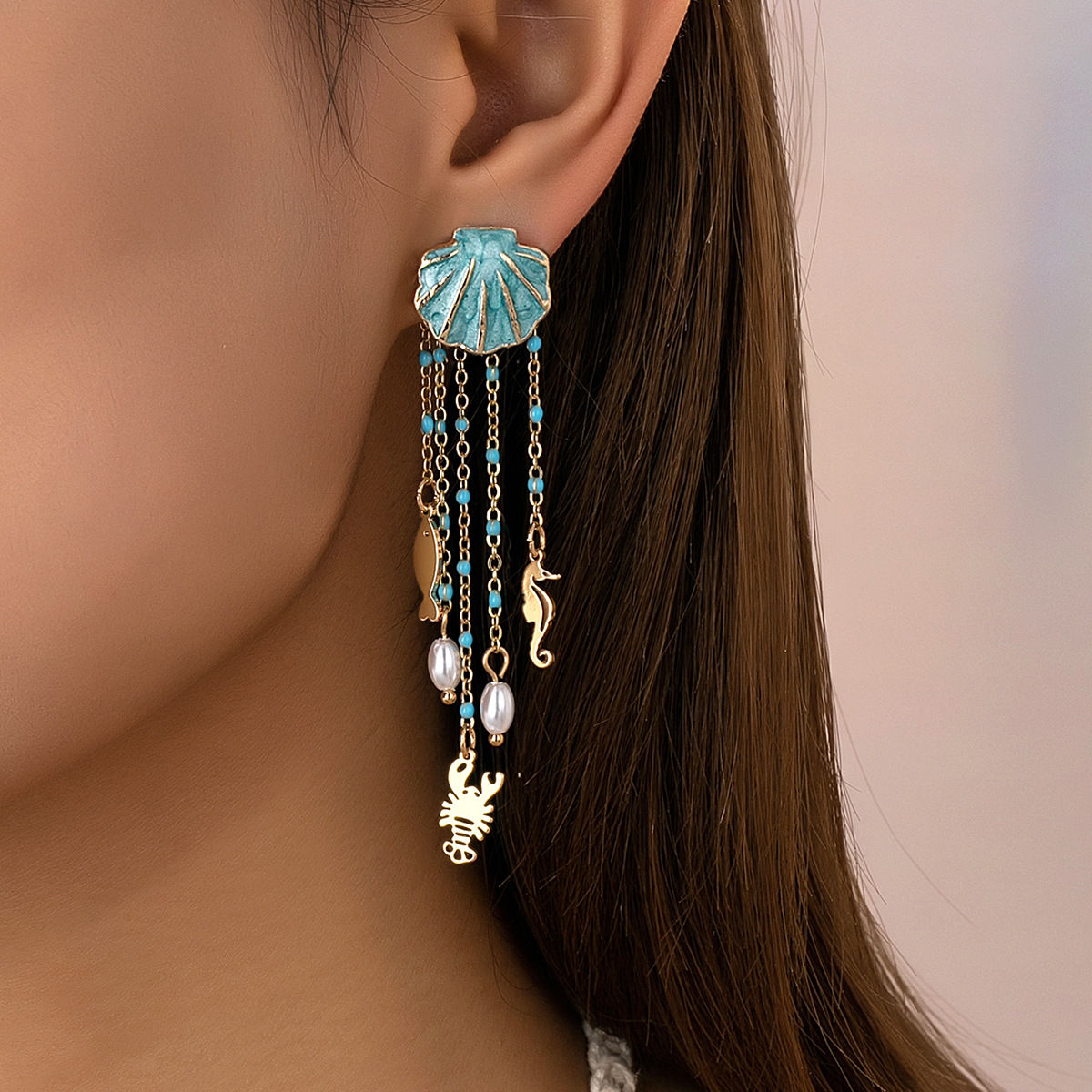 Qingdao Daiwei Accessories 1 Pair Shell Decorated Conch Coconut Tree Pendant Chain Earrings, Suitable for Women's Vacation