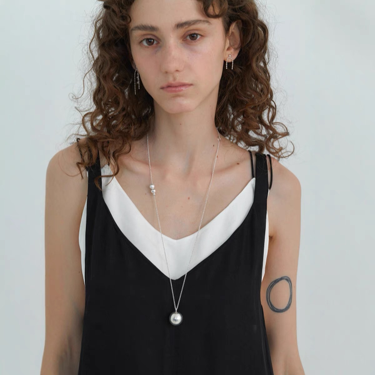 Small silver ball pendant long necklace for women, copper plated silver, simple sweater chain