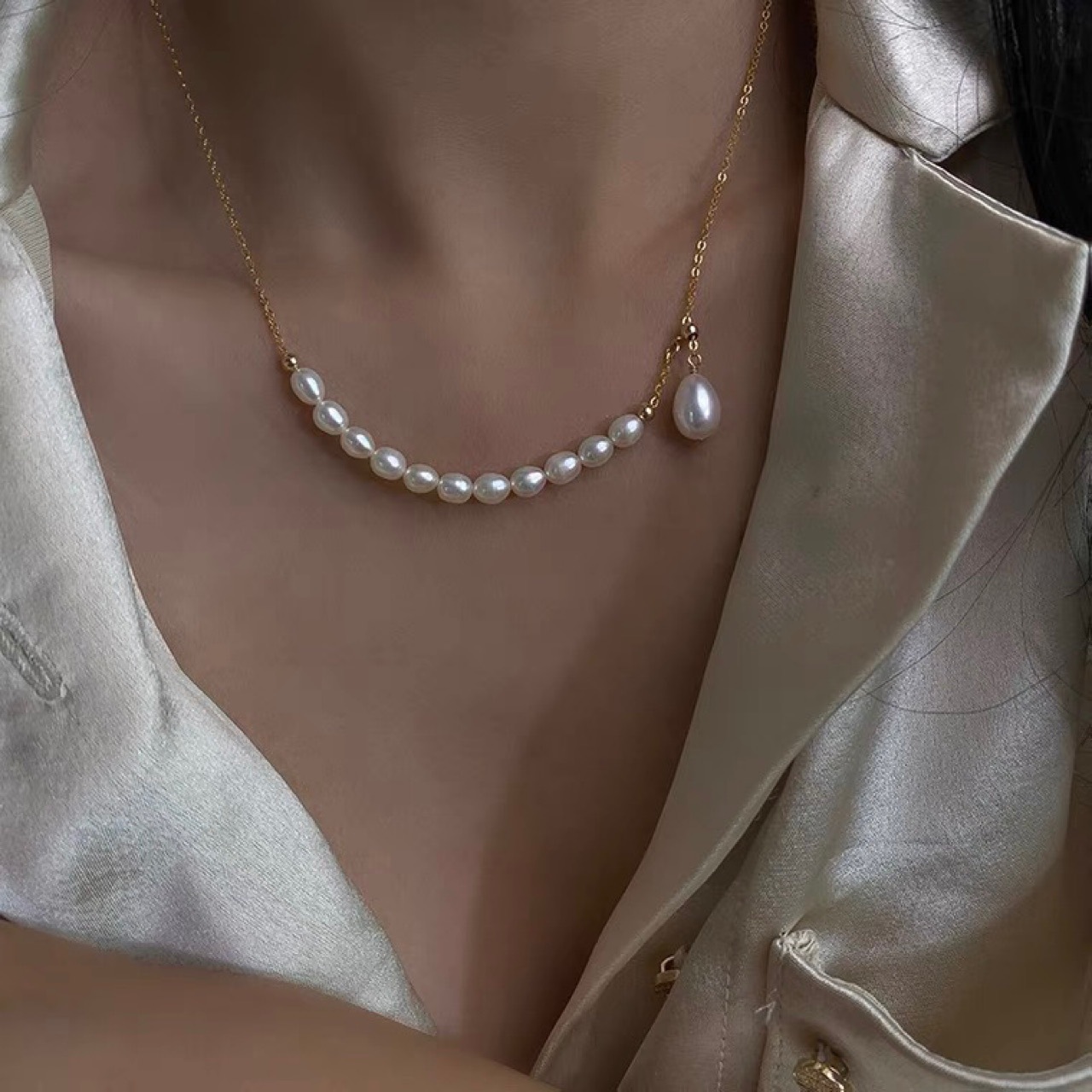 Natural bright freshwater pearl 14K gold-filled necklace adjustable锁骨链 niche gift for women
