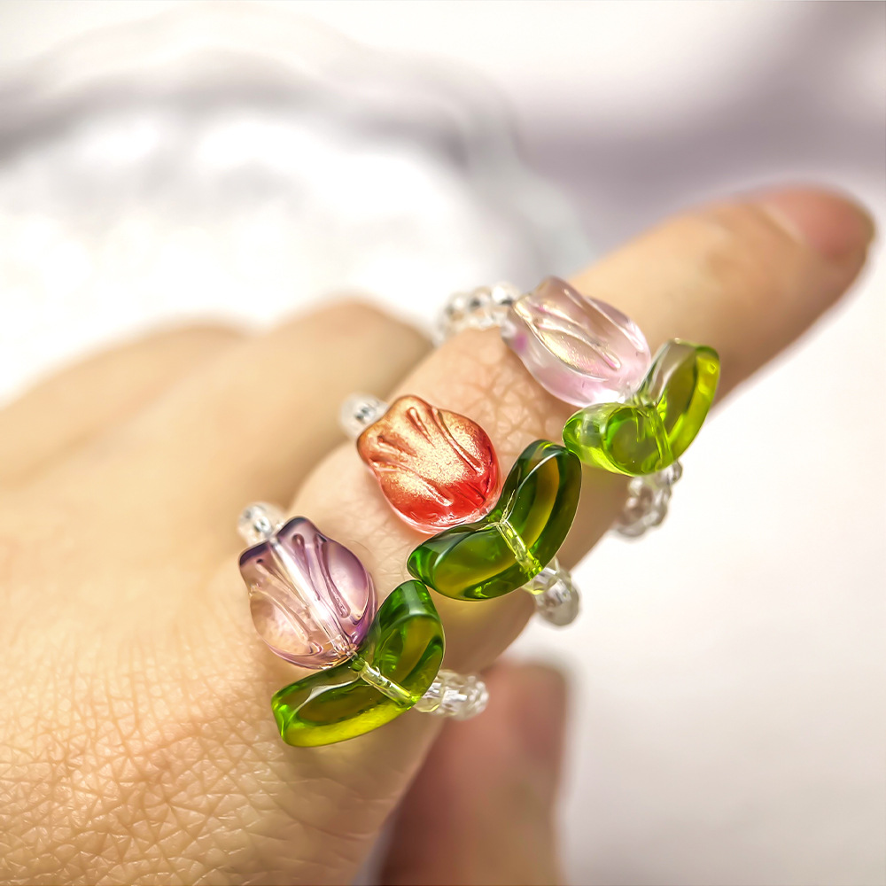 Glass Flower Tulip Stretch Ring, Minimalist Band, Hyuna Feng Shui Crystal Jewelry