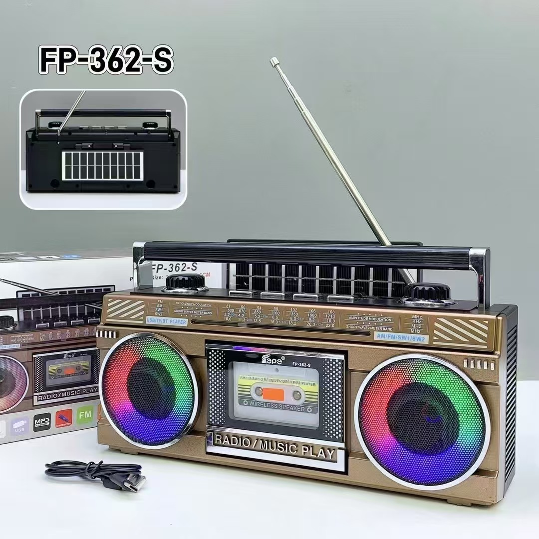 New FP-362-S Solar Bluetooth Speaker Dual Speaker Colorful Light Four-band Tuning Antenna Radio