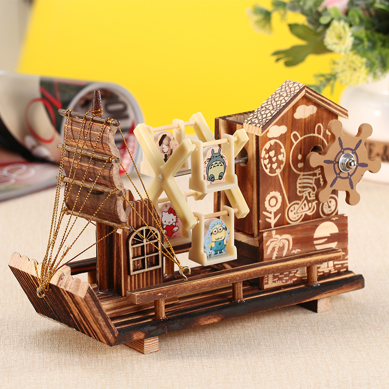 M1512 Wooden House Windmill Sailboat Rotating Music Box 60-273 Wooden Pen Holder Student Birthday Gift
