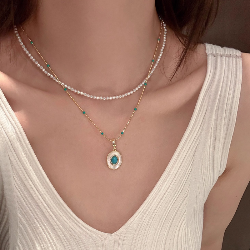 Turquoise crystal pearl necklace women stacked elegant Shi's beads commuter