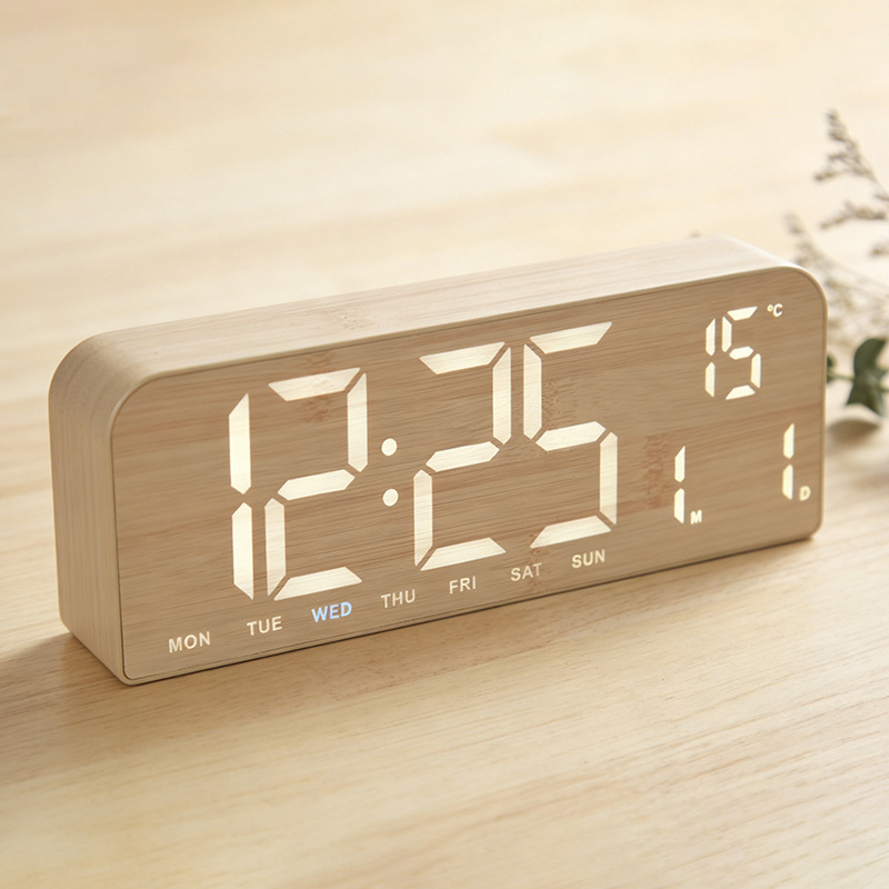 New LED Clock Large Screen Alarm Clock Simple Wood Grain Clock Table Clock Hangable GH