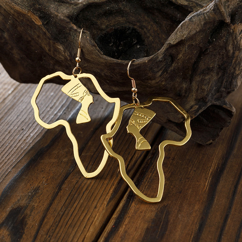 Earrings Gold Egyptian Queen Hollow Portrait Design Earrings African Ethnic Earrings